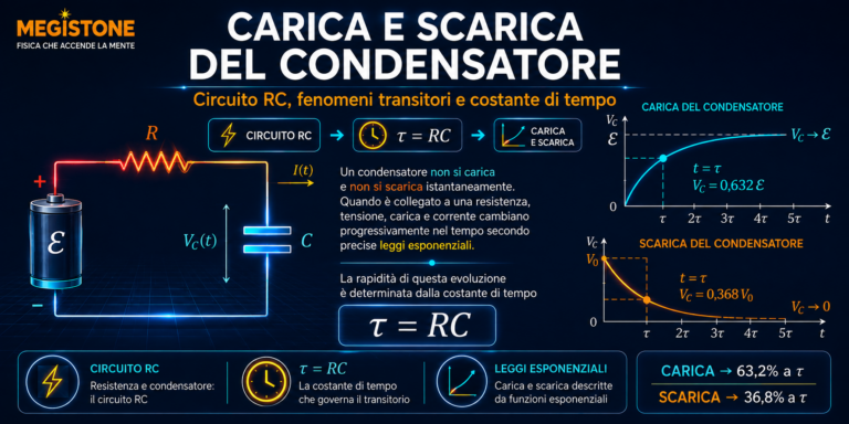 Circuito RC con grafici di carica e scarica del condensatore e costante di tempo τ = RC