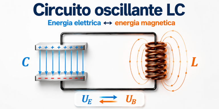 Circuito oscillante LC con scambio di energia tra campo elettrico del condensatore e campo magnetico dell’induttore