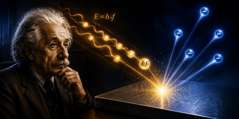 Rappresentazione dell'effetto fotoelettrico con Einstein, fotoni di energia hf e fotoelettroni emessi da una superficie metallica