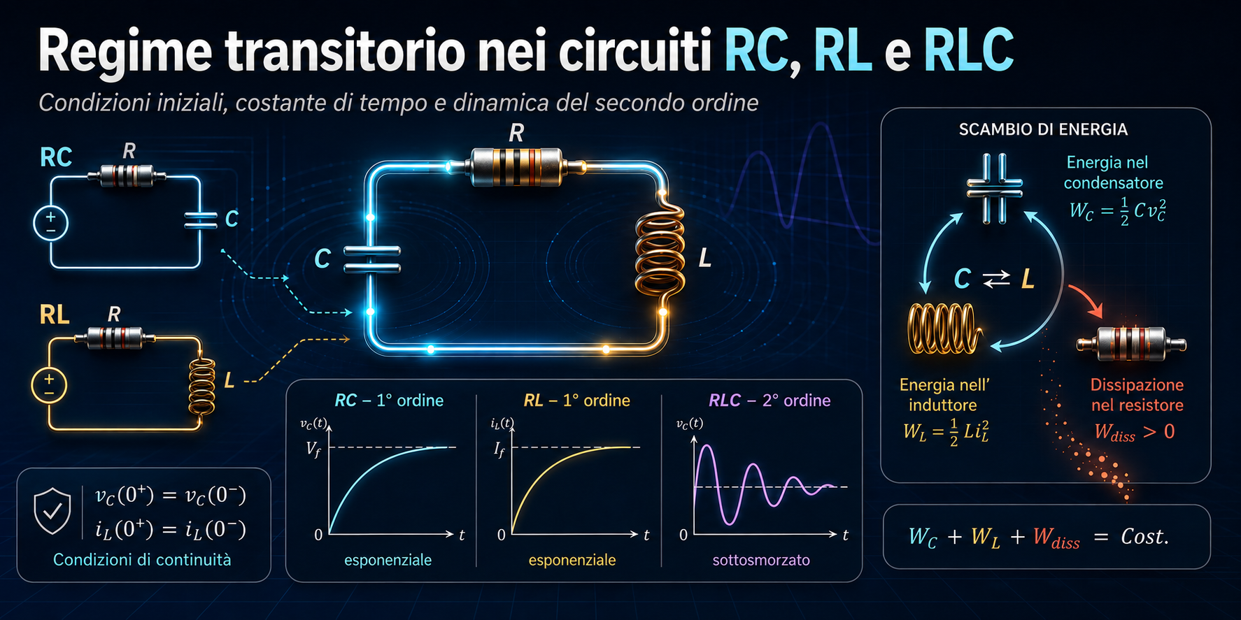 Regime transitorio nei circuiti RC, RL e RLC: teoria e formule