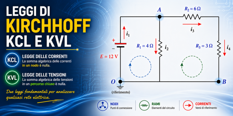 Leggi di Kirchhoff KCL e KVL applicate a una rete elettrica con nodi, rami e correnti
