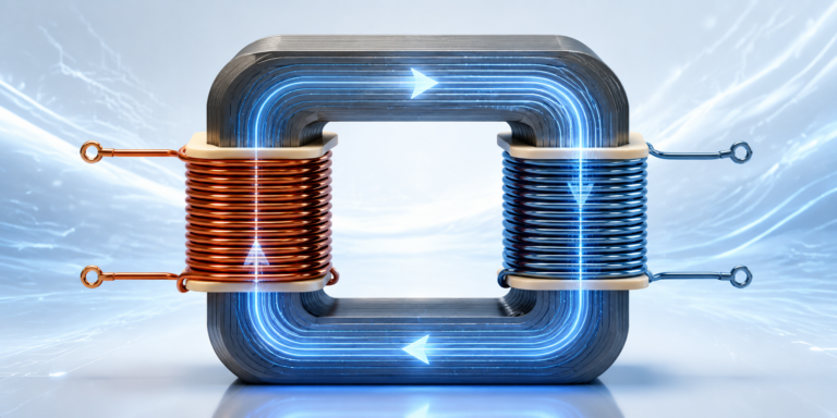 Trasformatore con due avvolgimenti accoppiati mediante un nucleo ferromagnetico e flusso magnetico variabile