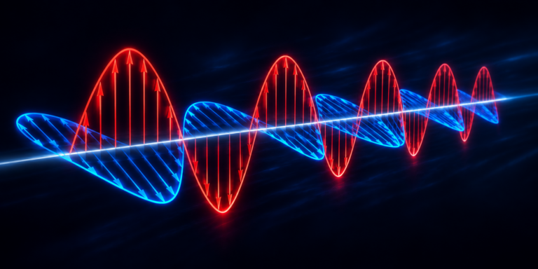 Rappresentazione tridimensionale di un’onda elettromagnetica con campi elettrico e magnetico oscillanti su piani perpendicolari
