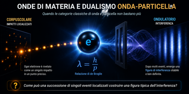 Dualismo onda-particella dell’elettrone con impatti localizzati, doppia fenditura e figura di interferenza