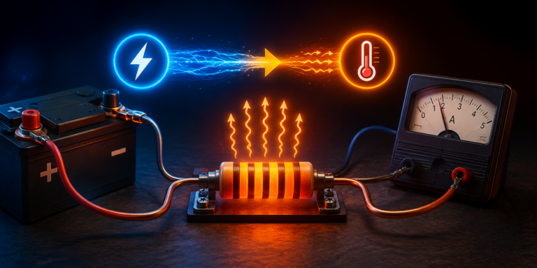 Circuito elettrico con resistore che si riscalda per effetto Joule trasformando energia elettrica in energia termica.