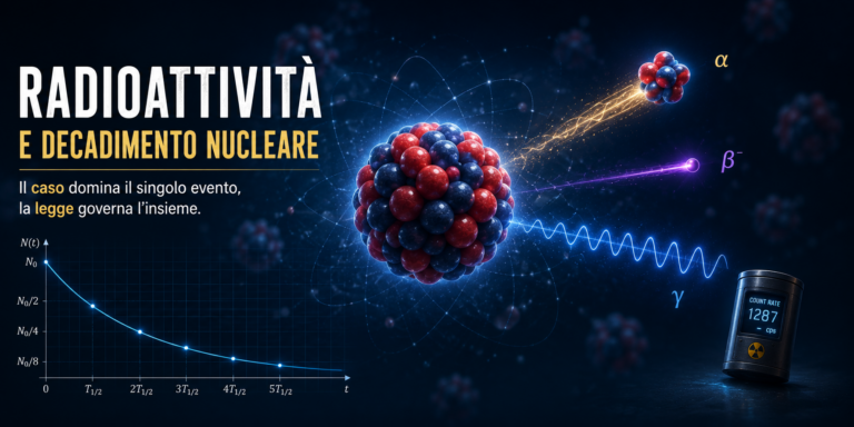 Radioattività e decadimento nucleare con emissioni alfa, beta e gamma, curva di decadimento e rivelatore