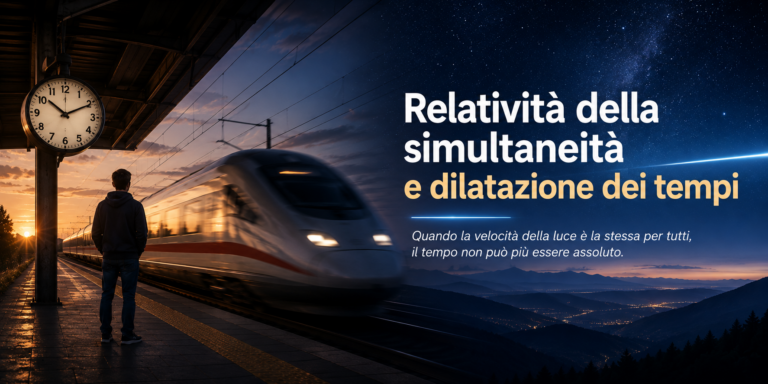 Treno in movimento, osservatore e orologio per rappresentare la relatività della simultaneità e la dilatazione dei tempi