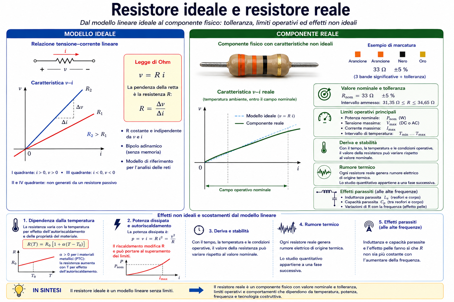 Confronto tra resistore ideale e resistore reale con tolleranza, temperatura, potenza nominale, deriva, rumore ed effetti parassiti