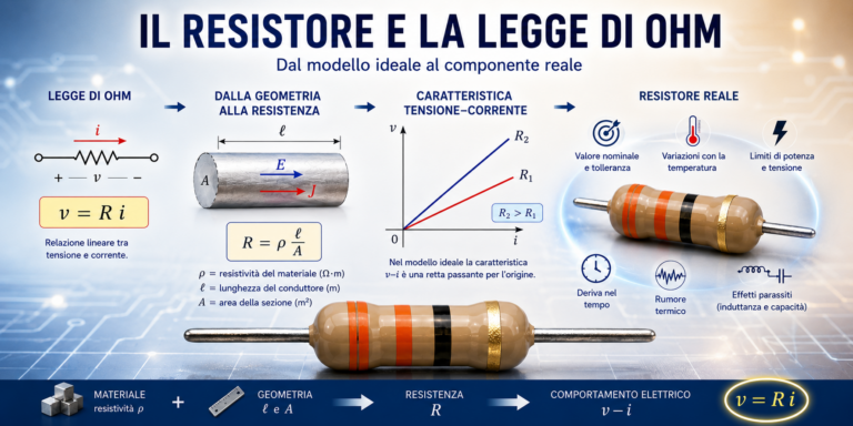 Il resistore e la legge di Ohm con relazione v=Ri, resistività, geometria, caratteristica tensione-corrente e resistore reale