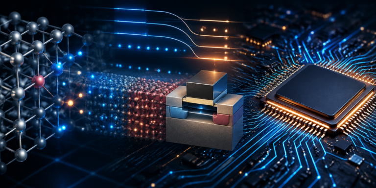 Reticolo cristallino di un semiconduttore che evolve attraverso una struttura a transistor fino a un moderno microchip e ai suoi circuiti elettronici.