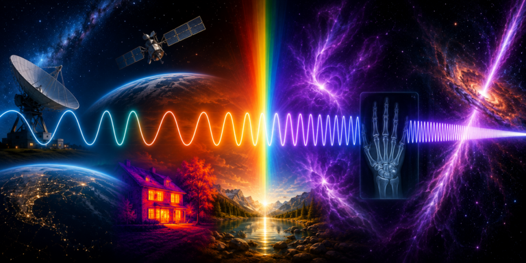 Spettro elettromagnetico dalle onde radio ai raggi gamma rappresentato da un’unica onda a frequenza crescente