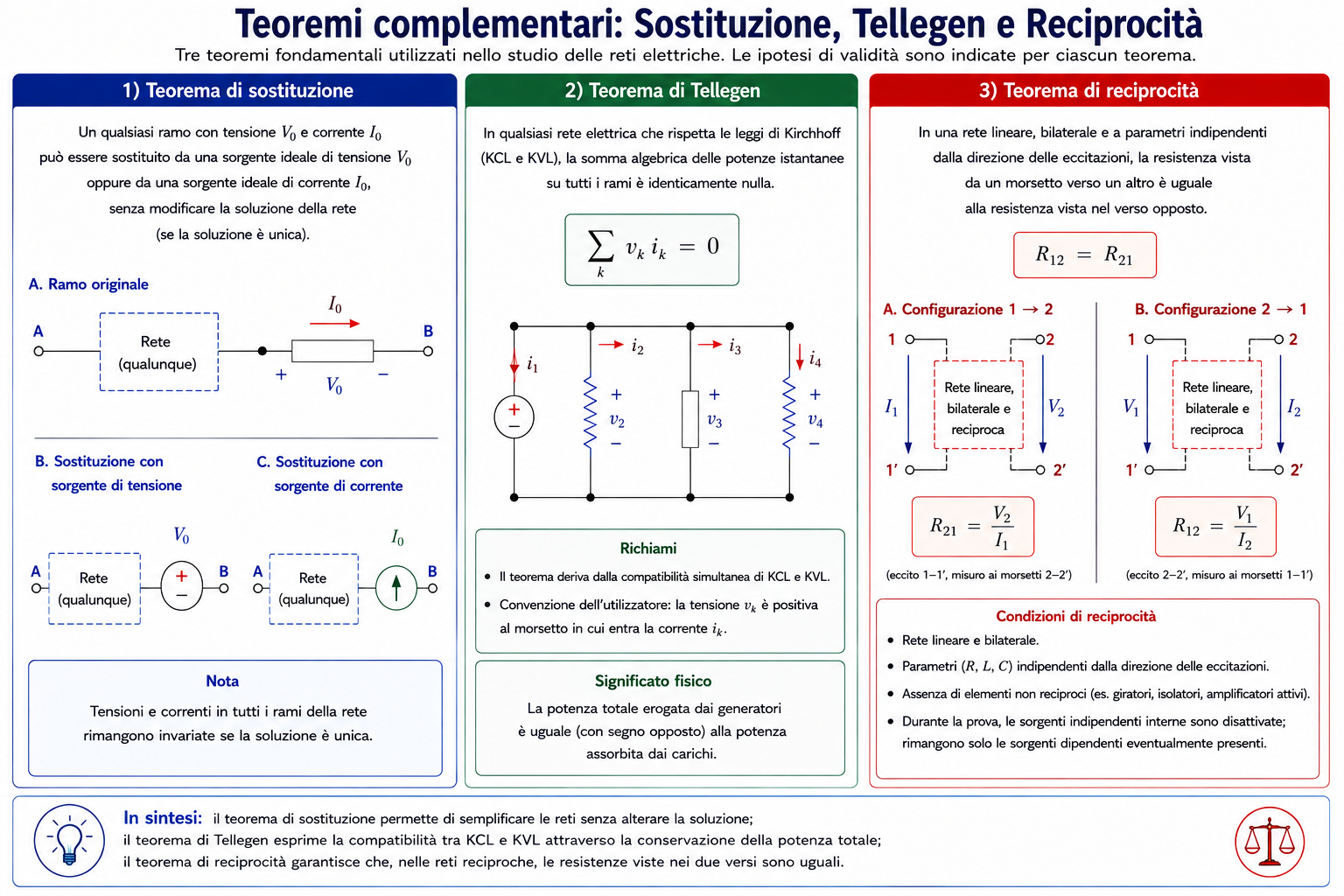 Confronto tra teorema di sostituzione, teorema di Tellegen e teorema di reciprocità, con schemi circuitali, formule e condizioni di validità.