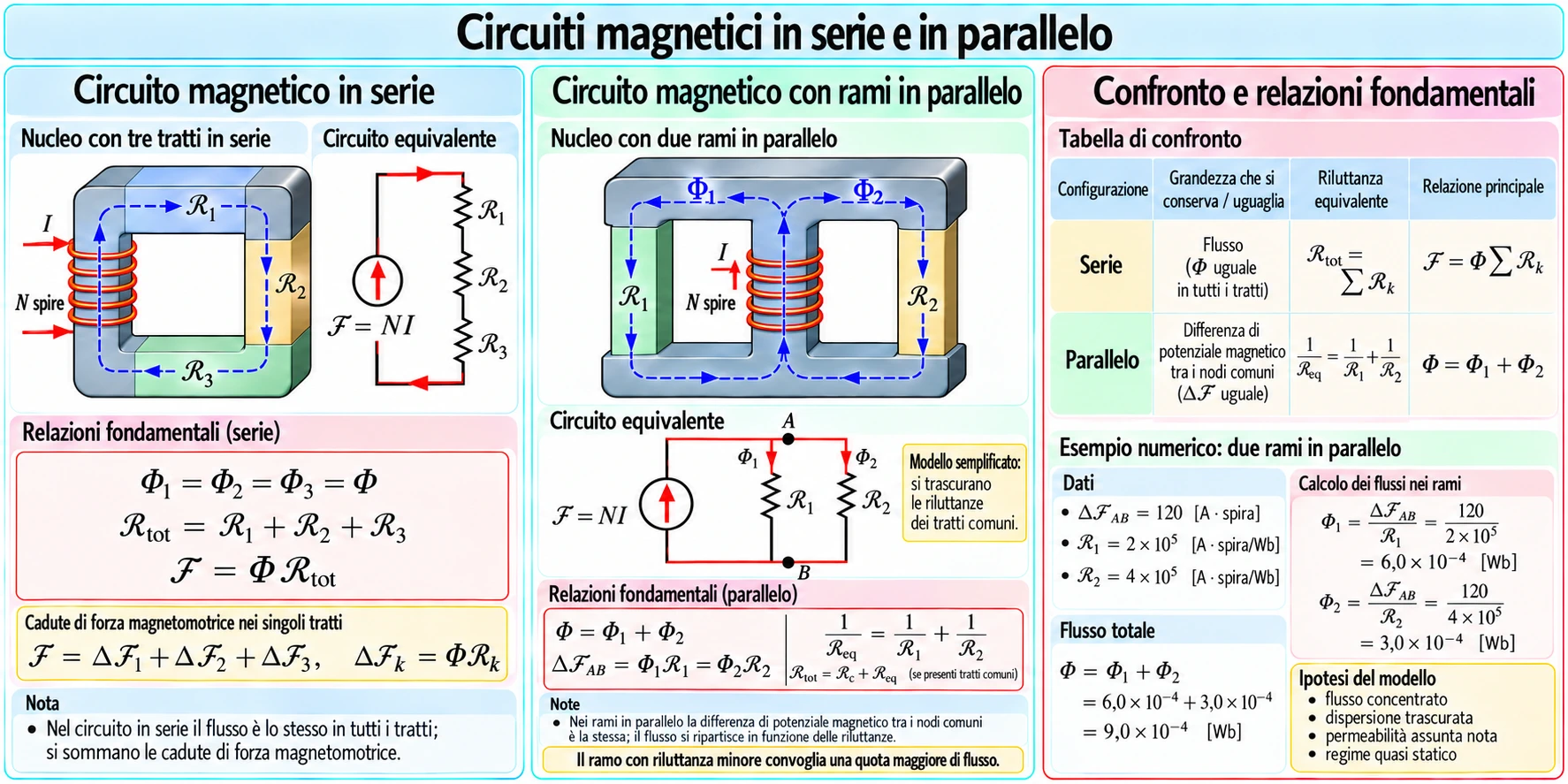 Circuiti magnetici in serie e parallelo con riluttanze, ripartizione del flusso magnetico, circuiti equivalenti e legge di Hopkinson.