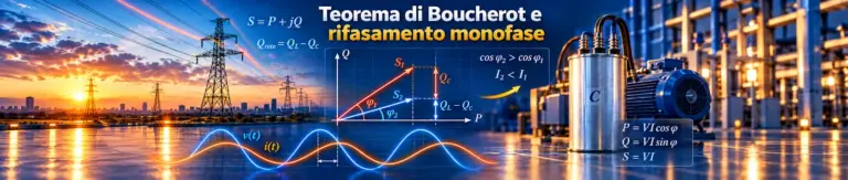 Teorema di Boucherot e rifasamento monofase: triangolo delle potenze, compensazione capacitiva, riduzione della corrente di rete, motore elettrico e condensatore.