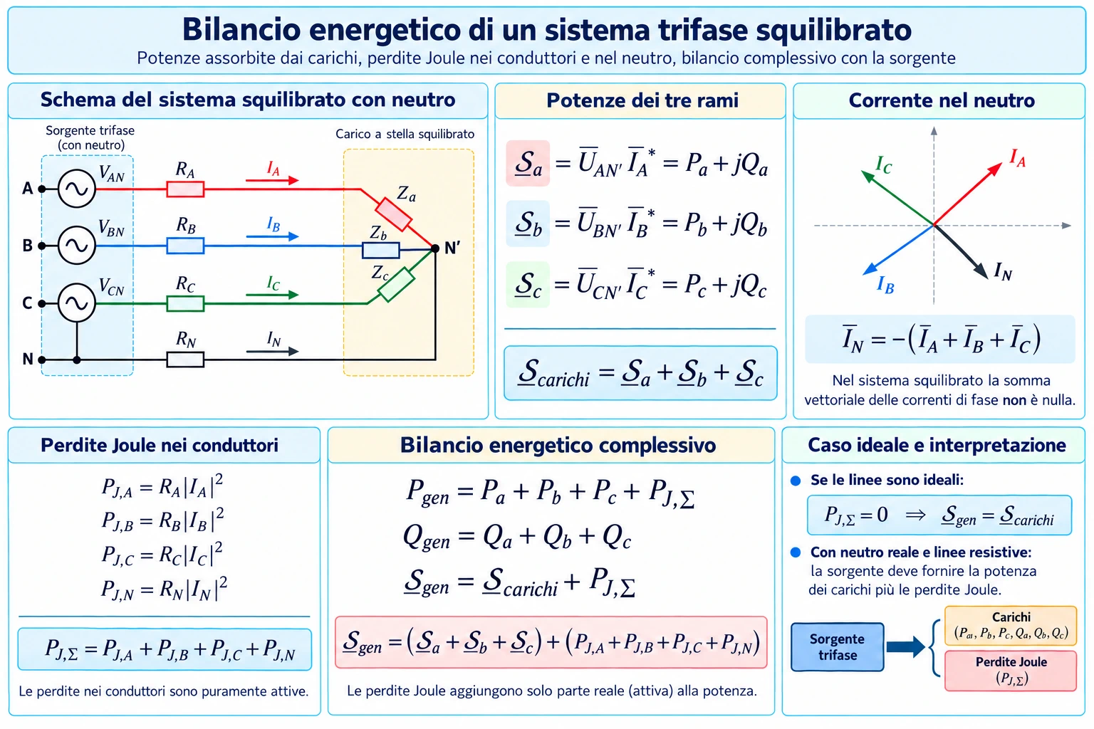 Schema trifase squilibrato con neutro, potenze dei tre carichi, corrente nel neutro e perdite Joule nei conduttori.