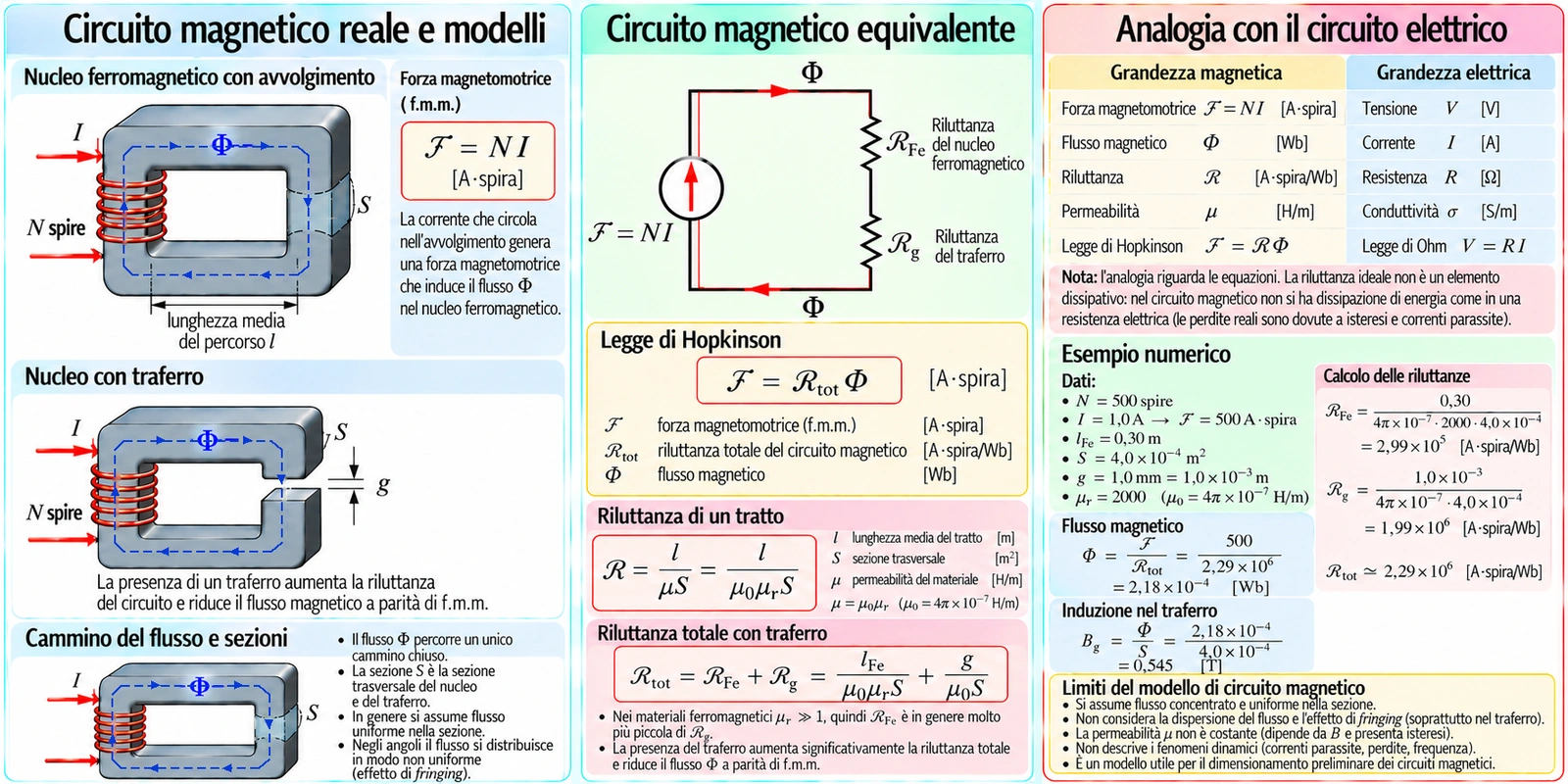 Circuito magnetico con nucleo ferromagnetico e traferro, riluttanze in serie, legge di Hopkinson e analogia con il circuito elettrico.