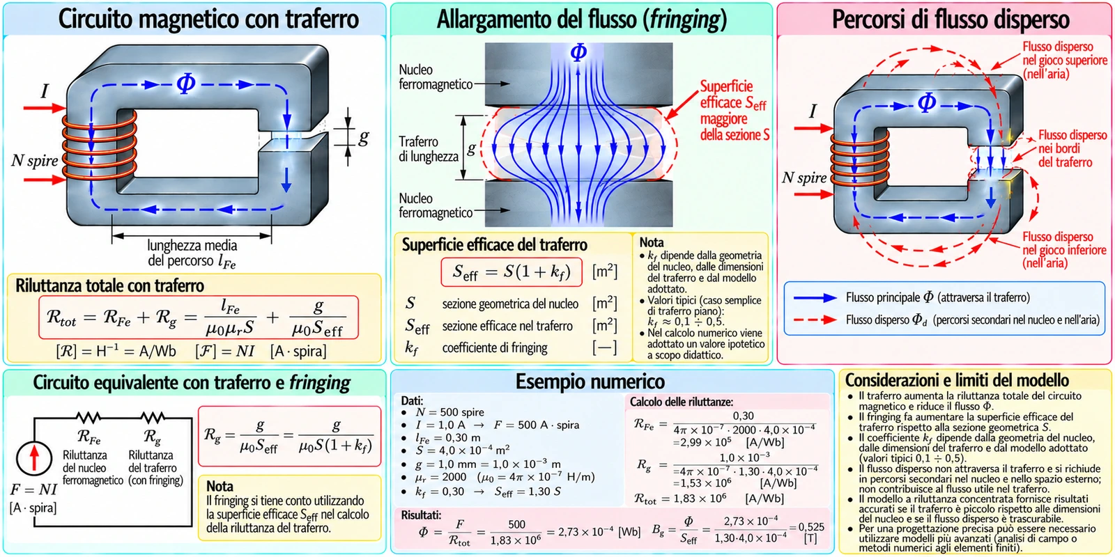 Circuito magnetico con traferro, allargamento delle linee di flusso, flusso disperso, riluttanze equivalenti ed esempio numerico.