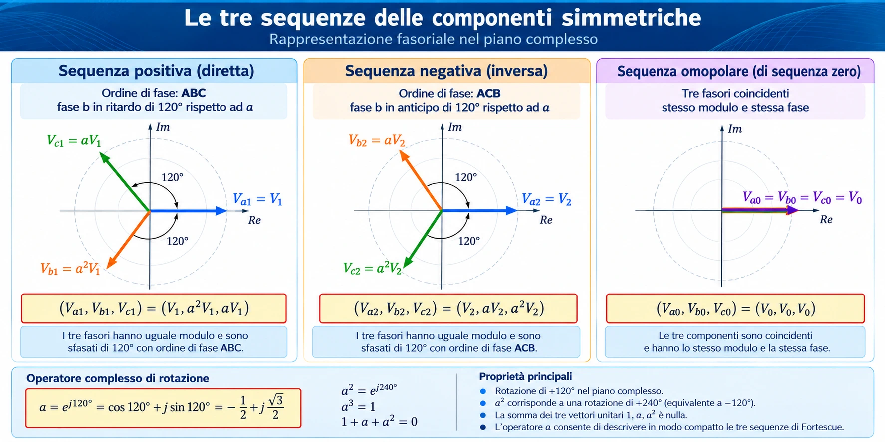Diagrammi fasoriali delle componenti simmetriche trifase: sequenza positiva ABC, negativa ACB e omopolare, con operatore complesso di rotazione
