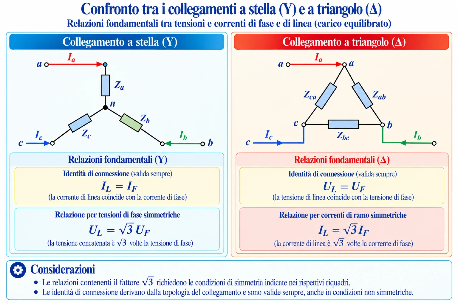 Confronto tra collegamenti trifase a stella (Y) e triangolo (Δ), con schemi elettrici, relazioni tra tensioni e correnti di fase e di linea e condizioni di simmetria.