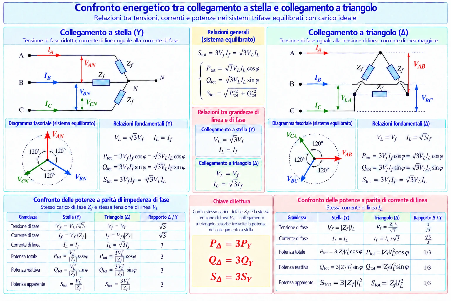 Testo alternativo (ALT): Schemi trifase a stella e triangolo, diagrammi fasoriali e confronto delle potenze a parità di tensione o corrente di linea.