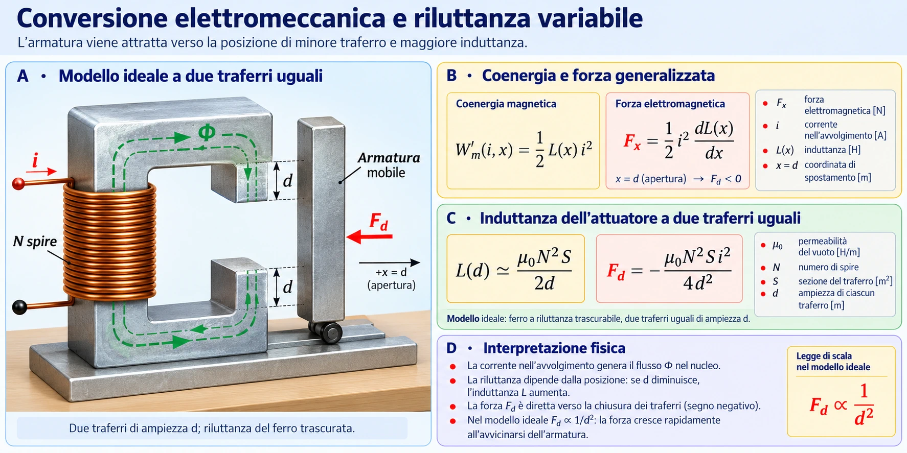 Attuatore elettromagnetico con nucleo ferromagnetico, avvolgimento in rame, armatura mobile, due traferri uguali e forza diretta verso la chiusura.