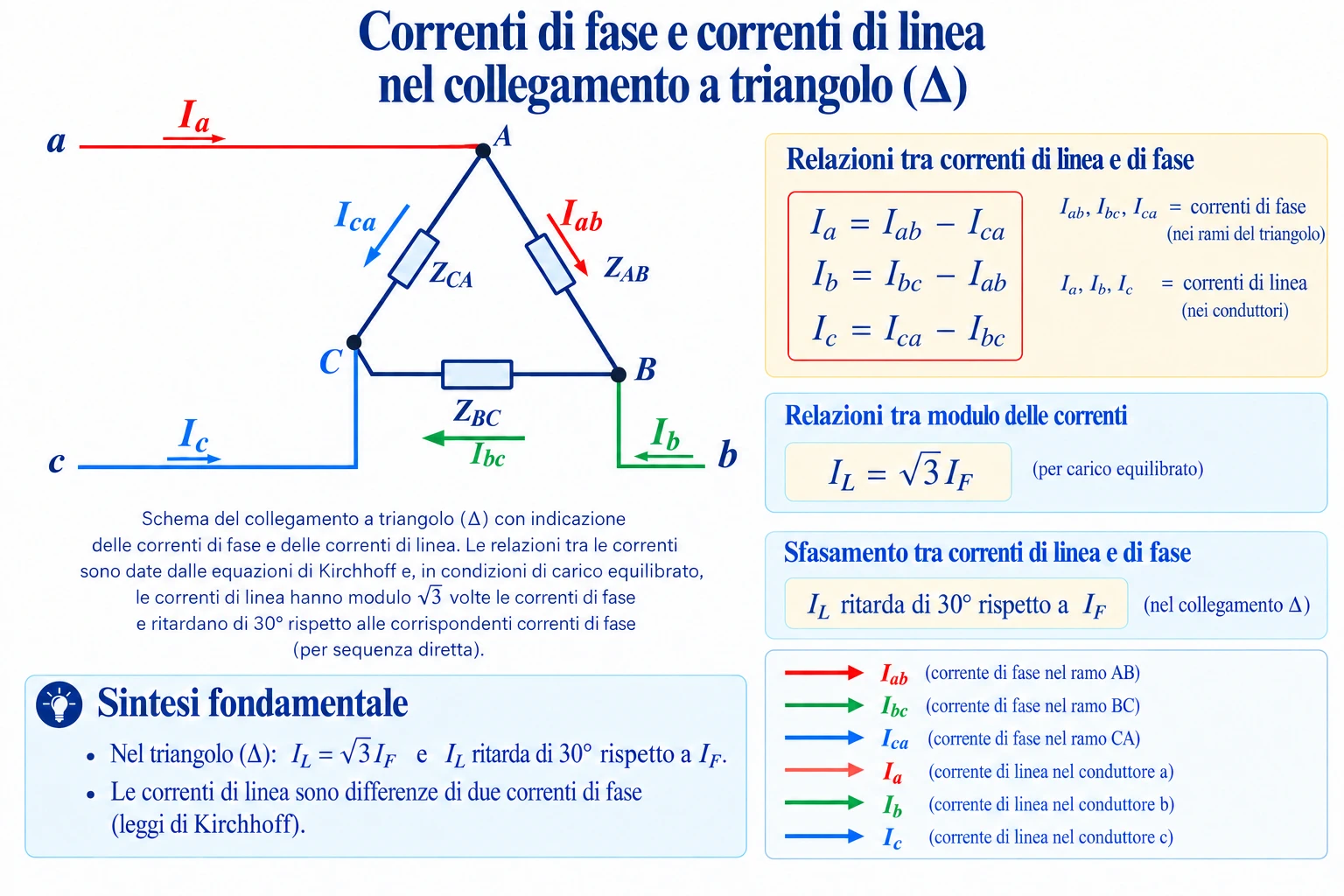 Schema delle correnti di fase e delle correnti di linea in un collegamento trifase a triangolo, con relazioni di Kirchhoff, rapporto √3 e ritardo di 30° nel caso equilibrato.
