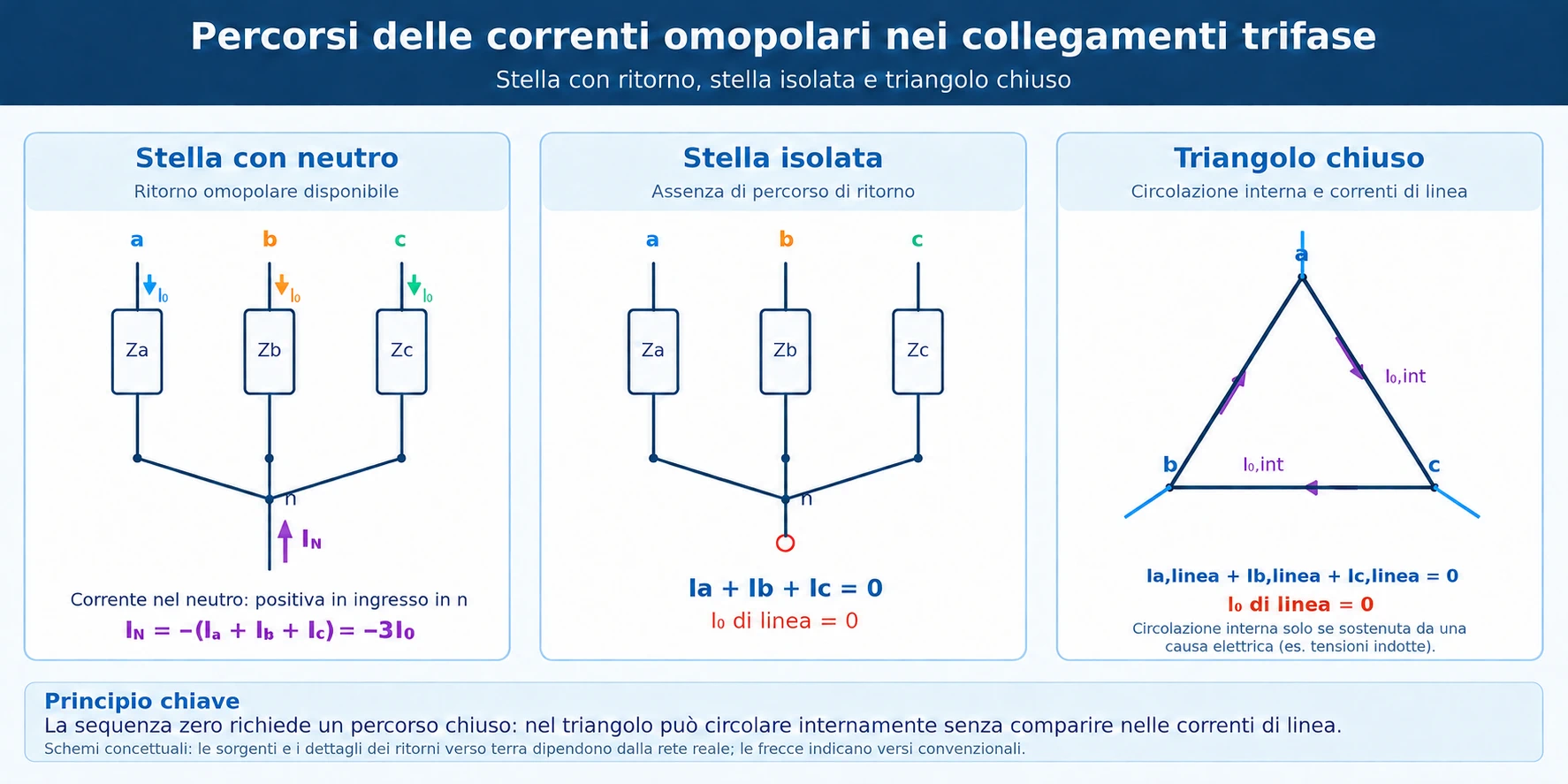 Schemi elettrici delle correnti omopolari nei sistemi trifase con stella e neutro, stella isolata e triangolo chiuso