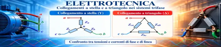 Collegamenti a stella (Y) e a triangolo (Δ) nei sistemi trifase, con generatore elettrico, schemi delle impedenze e rappresentazione delle tensioni alternate.