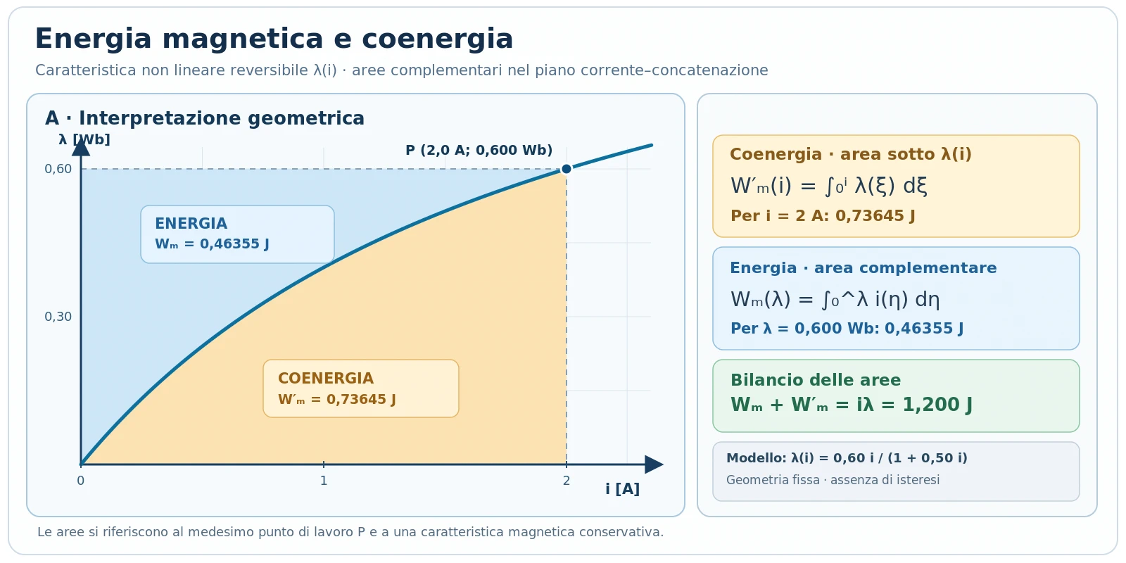 Grafico del flusso concatenato in funzione della corrente con aree complementari dell’energia magnetica e della coenergia in un sistema non lineare.