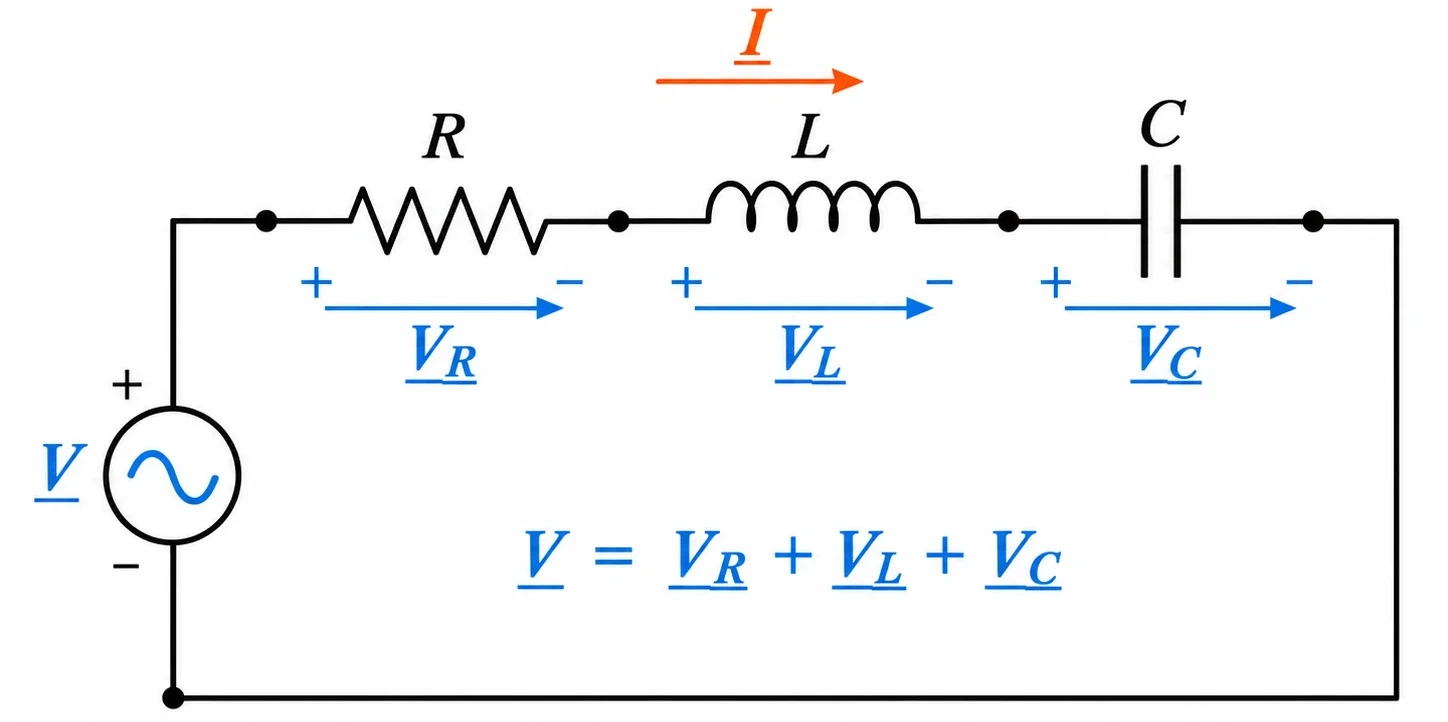 Schema del circuito RLC in serie con generatore sinusoidale, corrente comune e tensioni fasoriali ai capi di resistore, induttore e condensatore