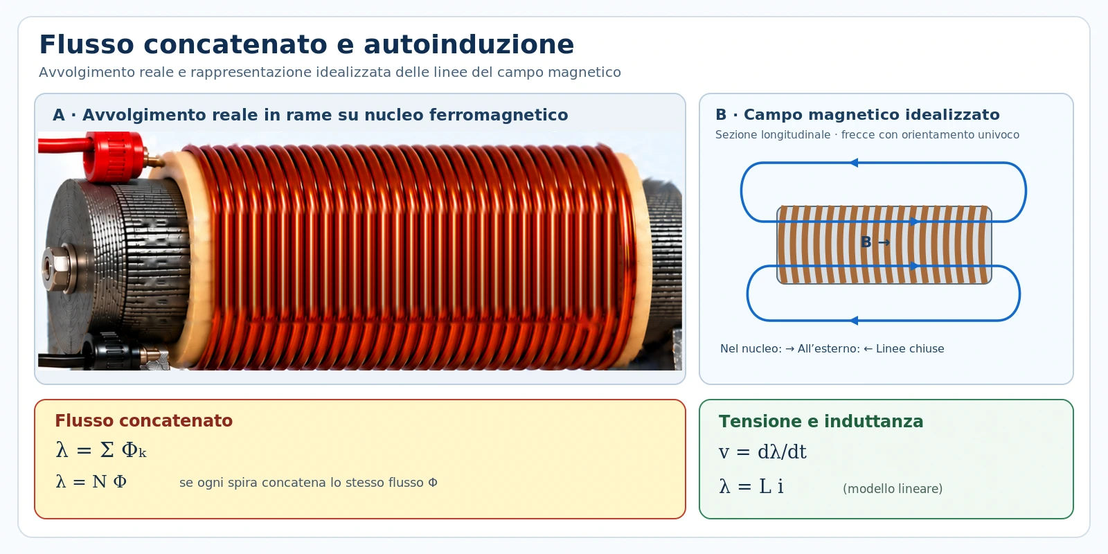 Bobina in rame su nucleo ferromagnetico e schema delle linee del campo magnetico, con flusso concatenato e autoinduzione.