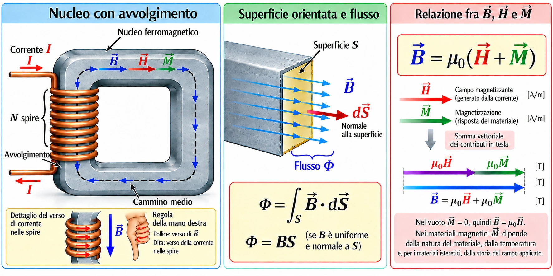 Nucleo ferromagnetico con avvolgimento, campo magnetico B, campo H, magnetizzazione M e flusso attraverso una superficie orientata.