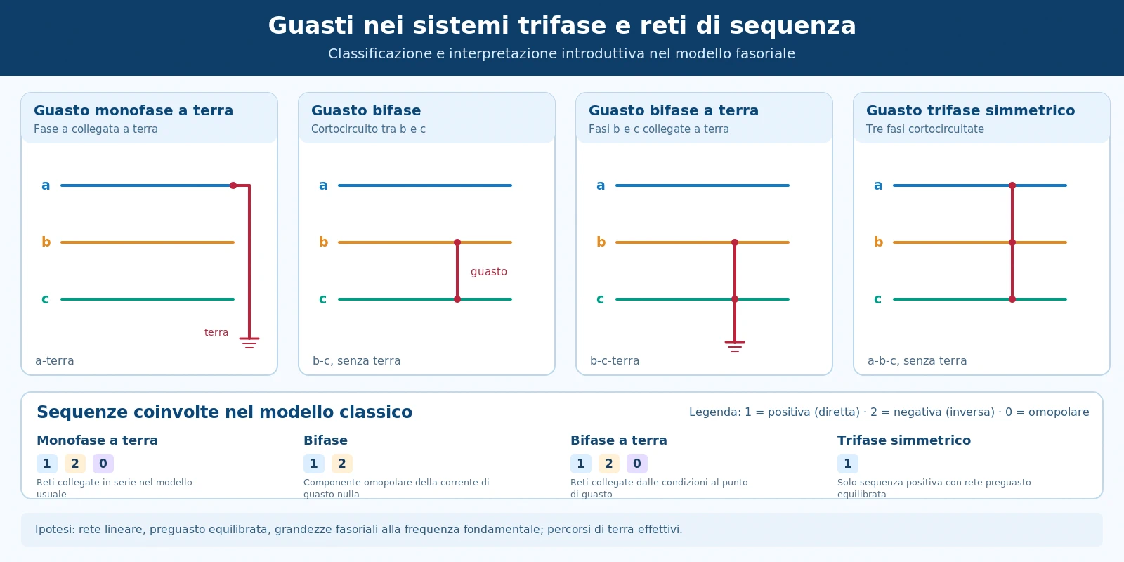 Schemi dei guasti monofase a terra, bifase, bifase a terra e trifase simmetrico con le relative componenti di sequenza