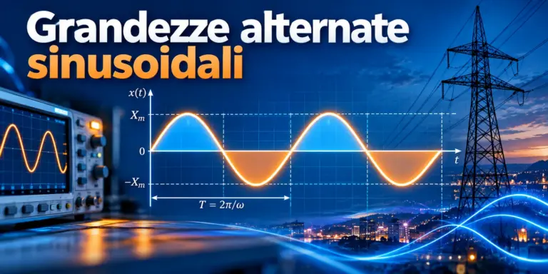 Grandezze alternate sinusoidali: oscilloscopio, grafico di una sinusoide con ampiezza e periodo e rete elettrica di distribuzione.