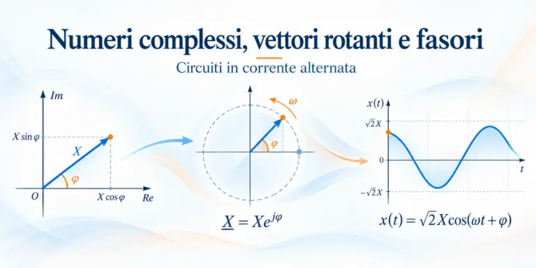 Rappresentazione di un numero complesso nel piano di Gauss, del vettore rotante e della corrispondente sinusoide nel dominio del tempo.