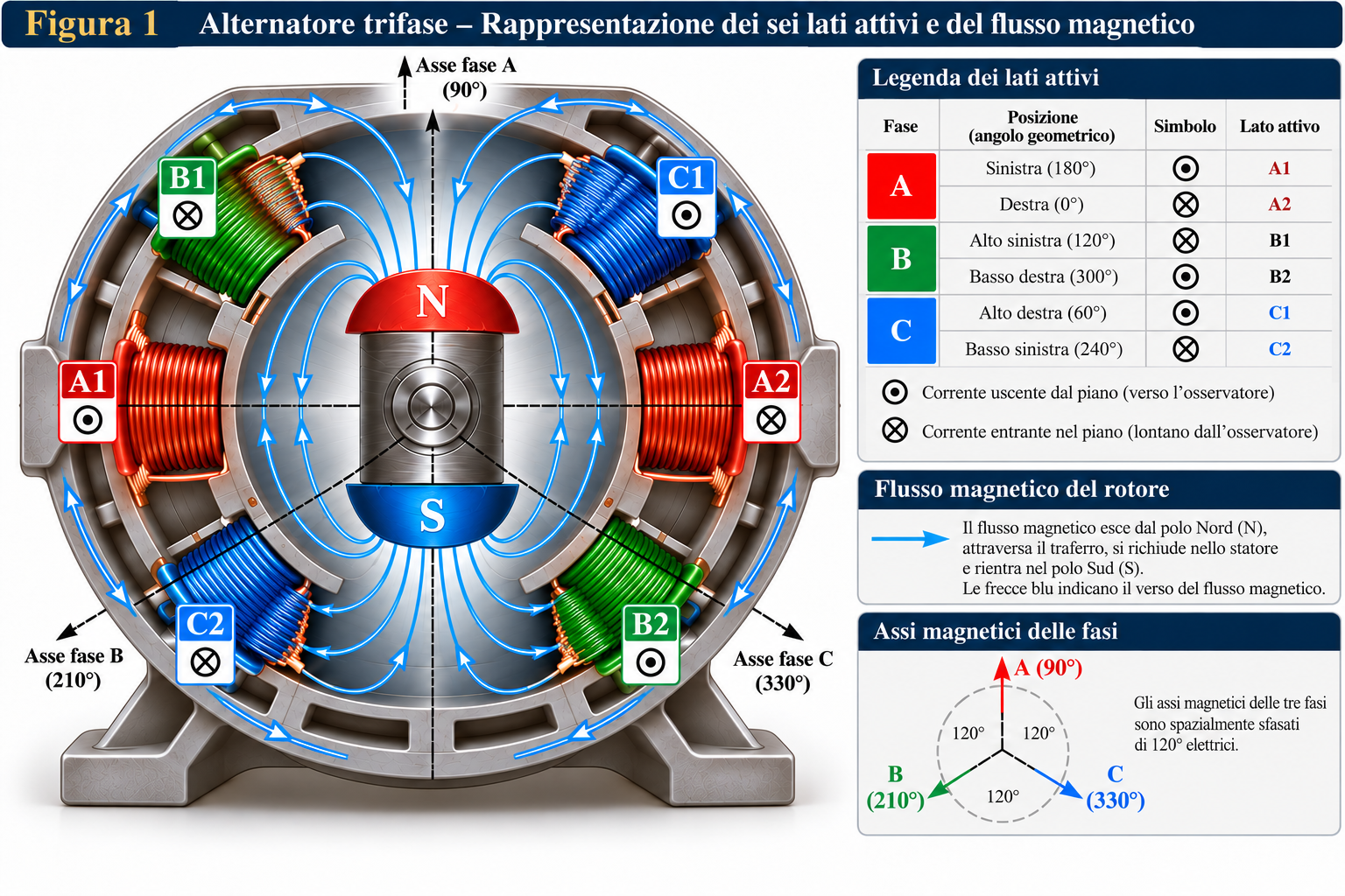Schema di alternatore trifase bipolare con statore, rotore N-S, sei lati attivi degli avvolgimenti e assi magnetici delle tre fasi a 120°.