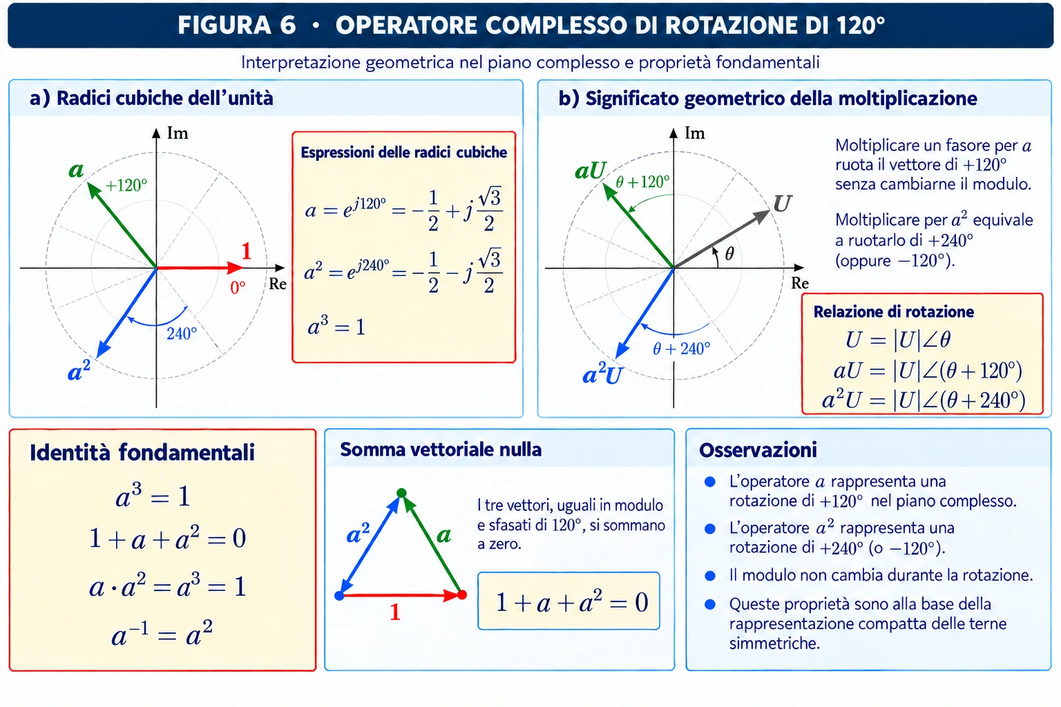 Diagrammi nel piano complesso degli operatori a e a², rotazioni di 120 e 240 gradi, e rappresentazione geometrica della somma vettoriale nulla.