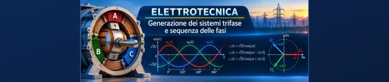 Generazione dei sistemi trifase: alternatore con tre avvolgimenti, tensioni sinusoidali sfasate di 120° e diagramma fasoriale.