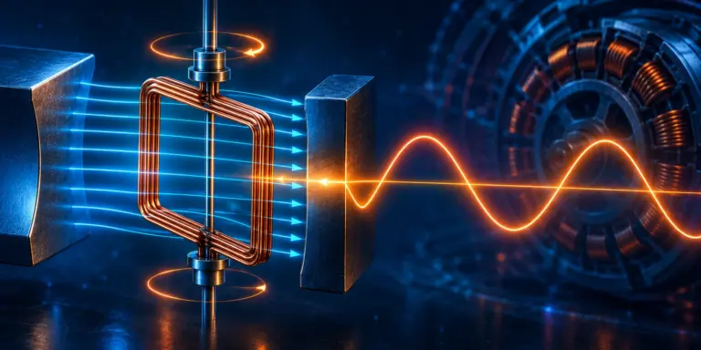Bobina in rame rotante in un campo magnetico, con rappresentazione della forza elettromotrice sinusoidale generata per induzione elettromagnetica.