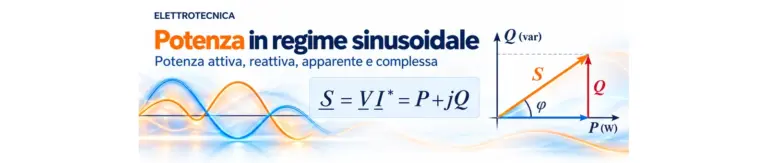 Potenza in regime sinusoidale: potenza attiva P, reattiva Q, apparente S e potenza complessa rappresentate con sinusoidi e triangolo delle potenze.