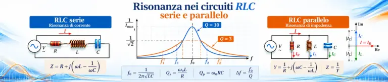 Risonanza nei circuiti RLC serie e parallelo con schemi elettrici, curve di selettività, fattore di qualità e banda passante.