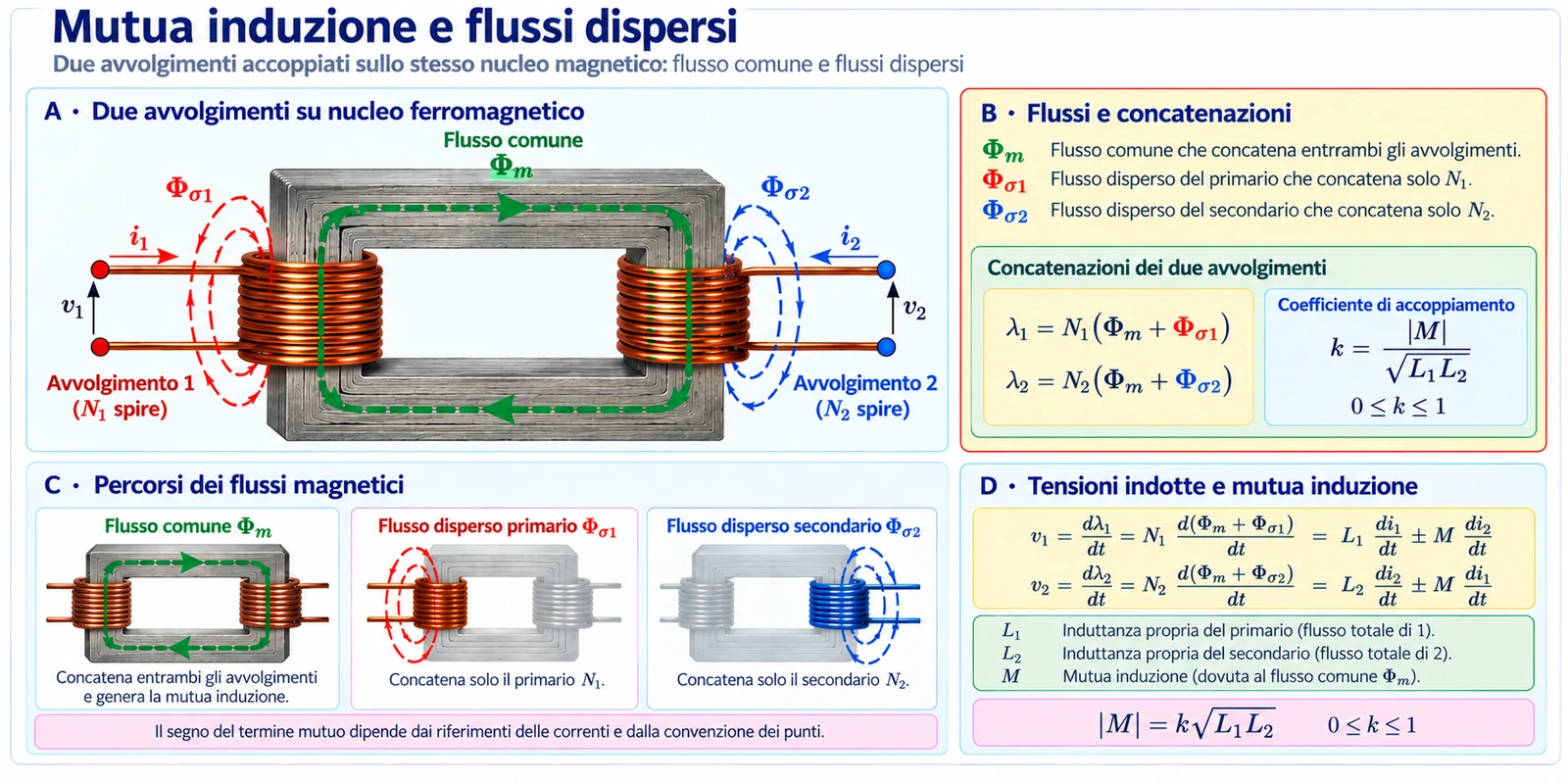 Due avvolgimenti in rame su nucleo ferromagnetico con flusso comune verde, flusso disperso primario rosso e secondario blu.