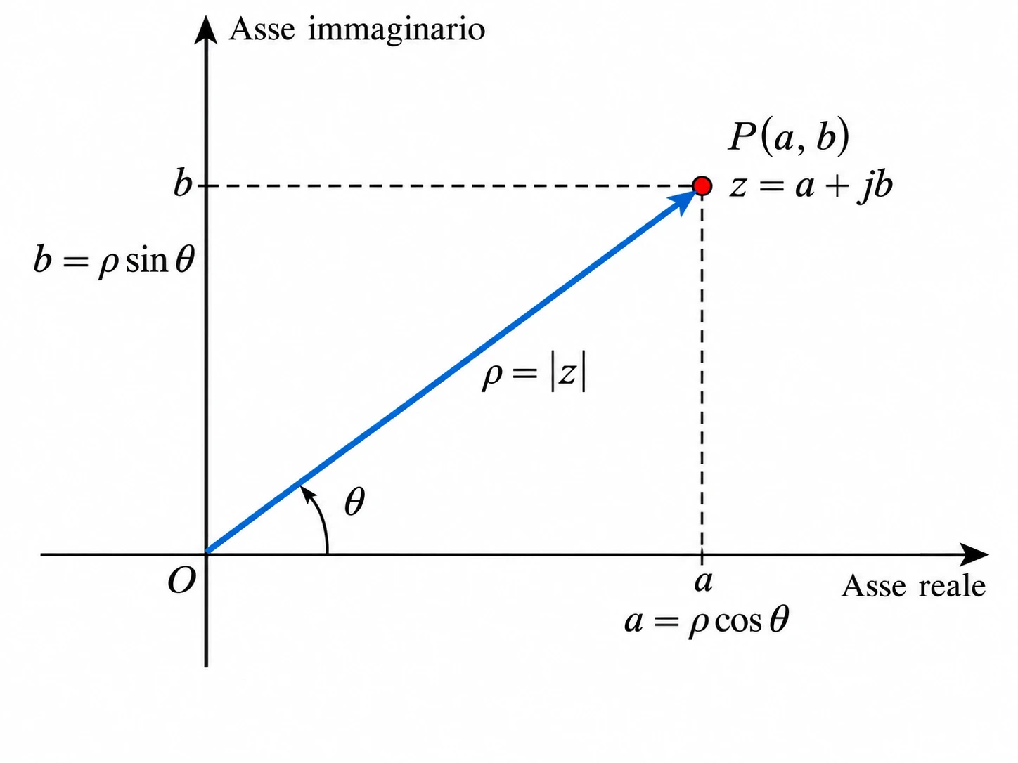Piano complesso con numero z=a+jb, punto P(a,b), modulo ρ, argomento θ e proiezioni sugli assi reale e immaginario.