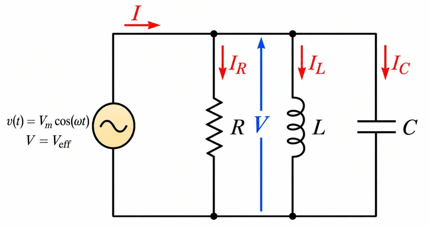 Schema elettrico RLC in parallelo con generatore sinusoidale, tensione comune e correnti nei rami R, L e C
