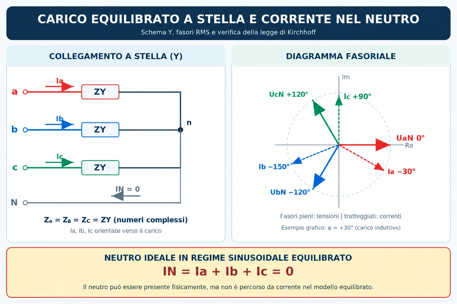 Schema di carico trifase equilibrato a stella con neutro e diagramma fasoriale delle correnti sfasate di 120 gradi.