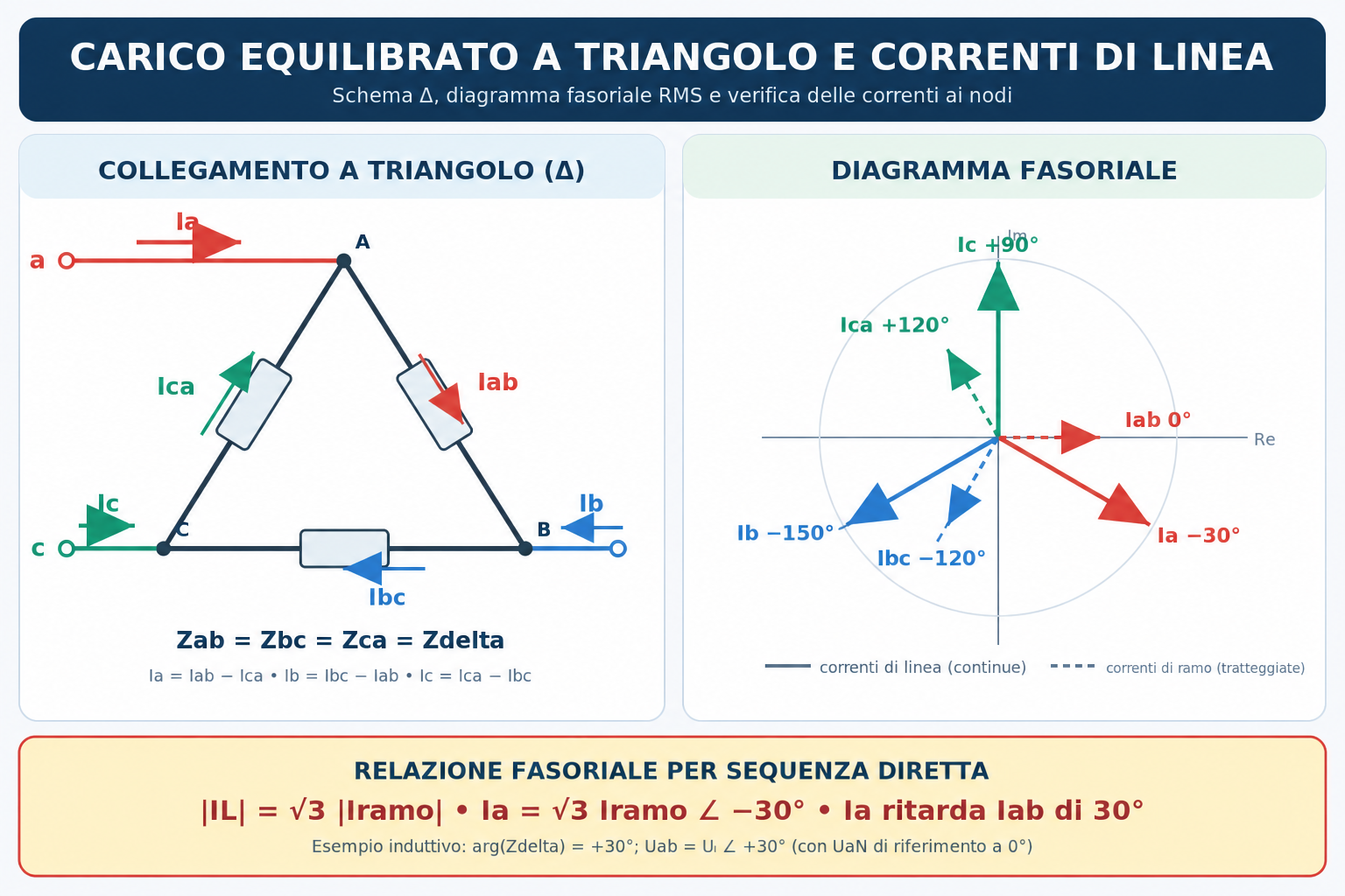 Schema di carico trifase equilibrato a triangolo con correnti di ramo e di linea e relativo diagramma fasoriale.