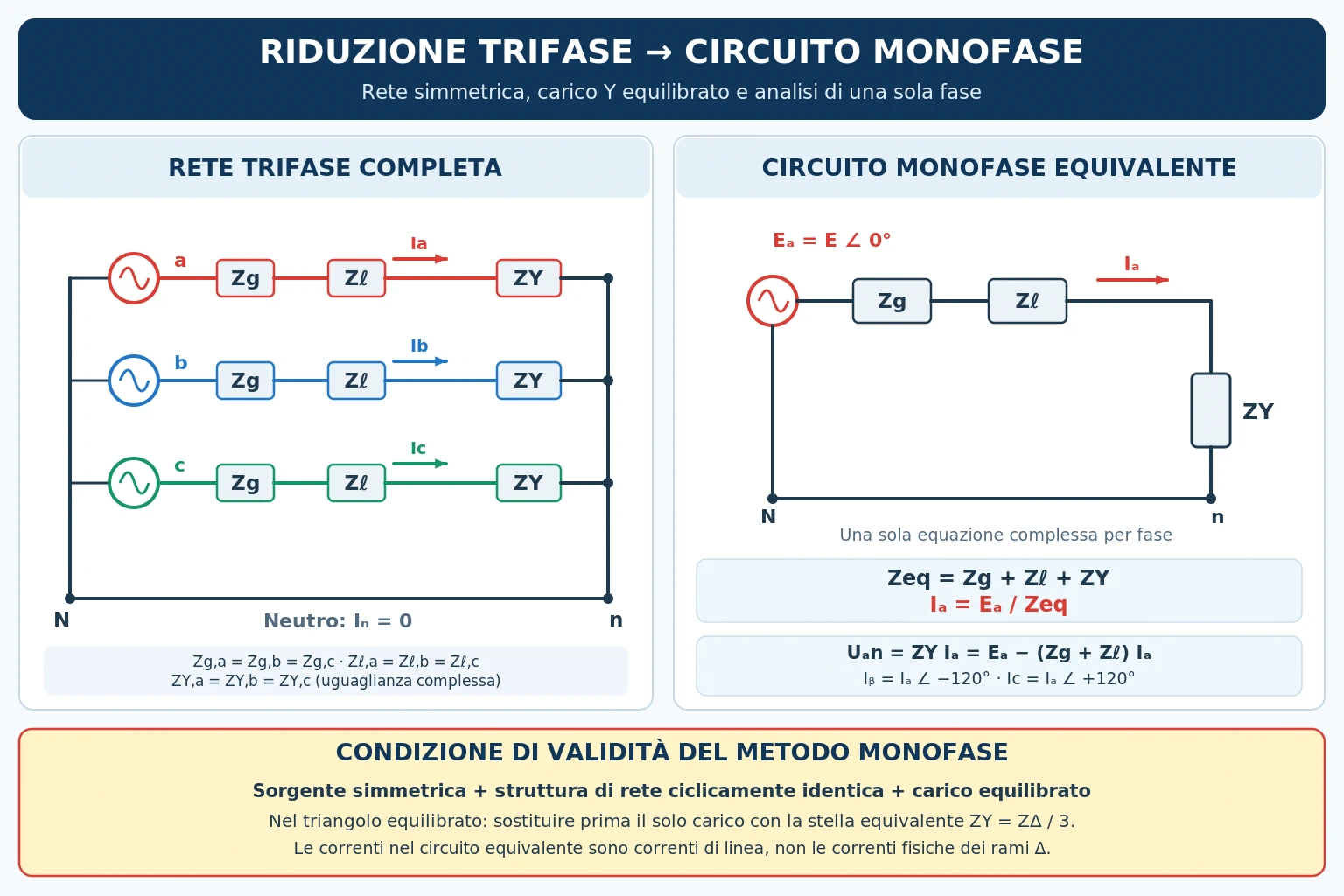Schema di una rete trifase equilibrata con impedenze di generatore, di linea e di carico e corrispondente circuito monofase equivalente per fase.