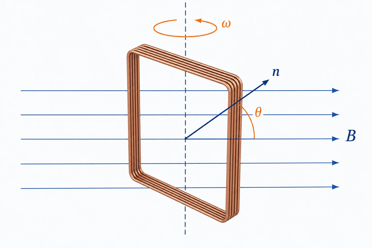 Bobina rettangolare rotante in un campo magnetico uniforme B, con asse di rotazione, versore normale n e angolo theta.