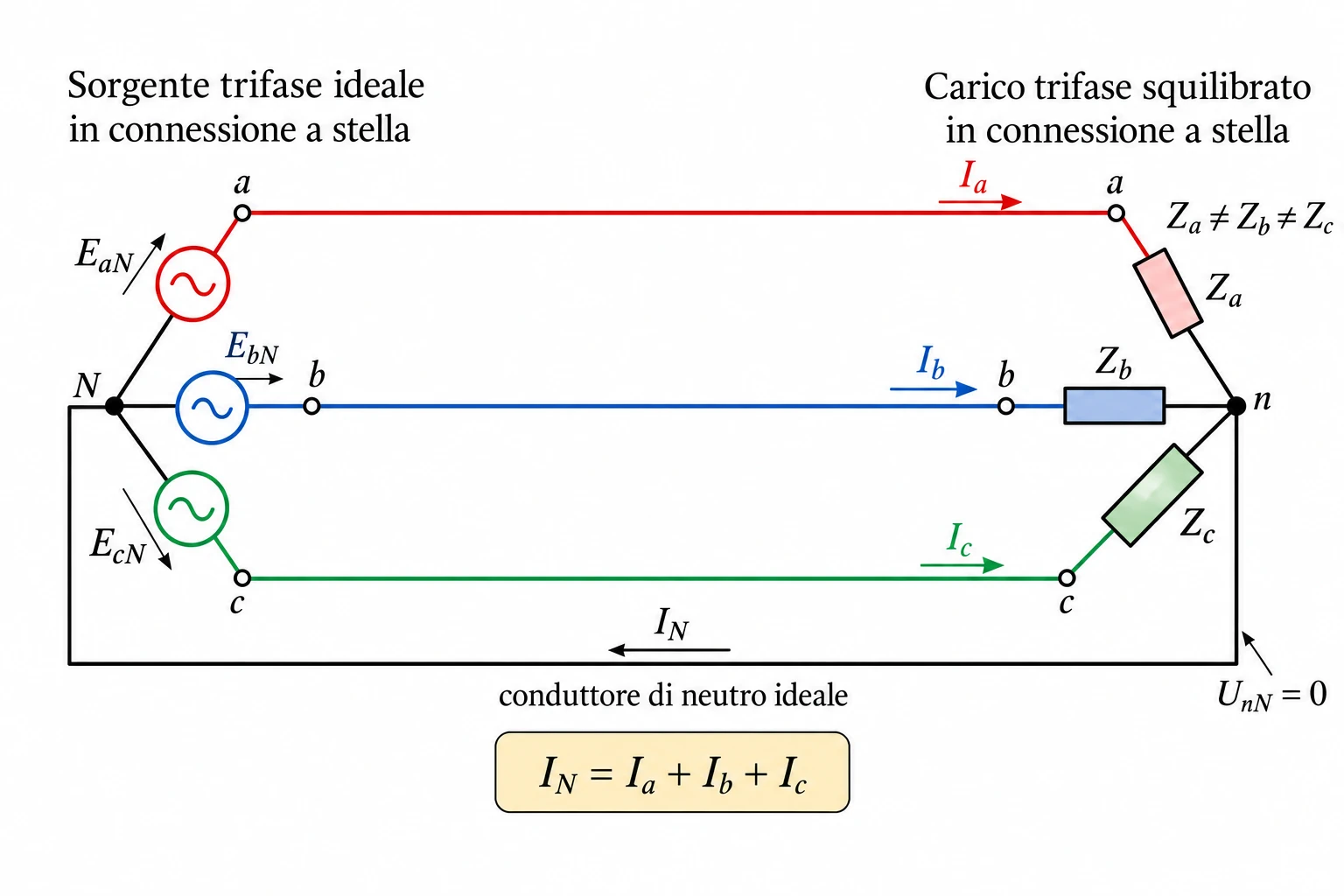 Schema elettrico di una stella trifase squilibrata con neutro ideale, impedenze differenti e correnti di fase e di neutro.