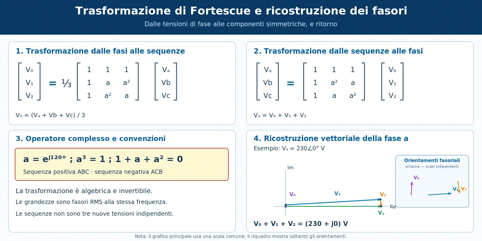 Trasformazione diretta e inversa di Fortescue con matrici delle componenti simmetriche e ricostruzione vettoriale dei fasori trifase